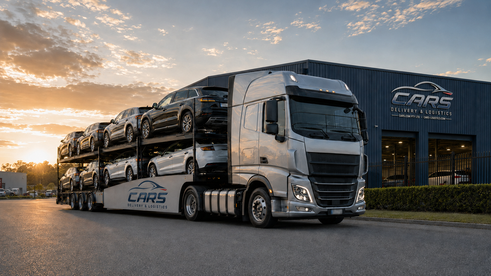 CARS.COM car carrier truck loaded with vehicles at sunrise