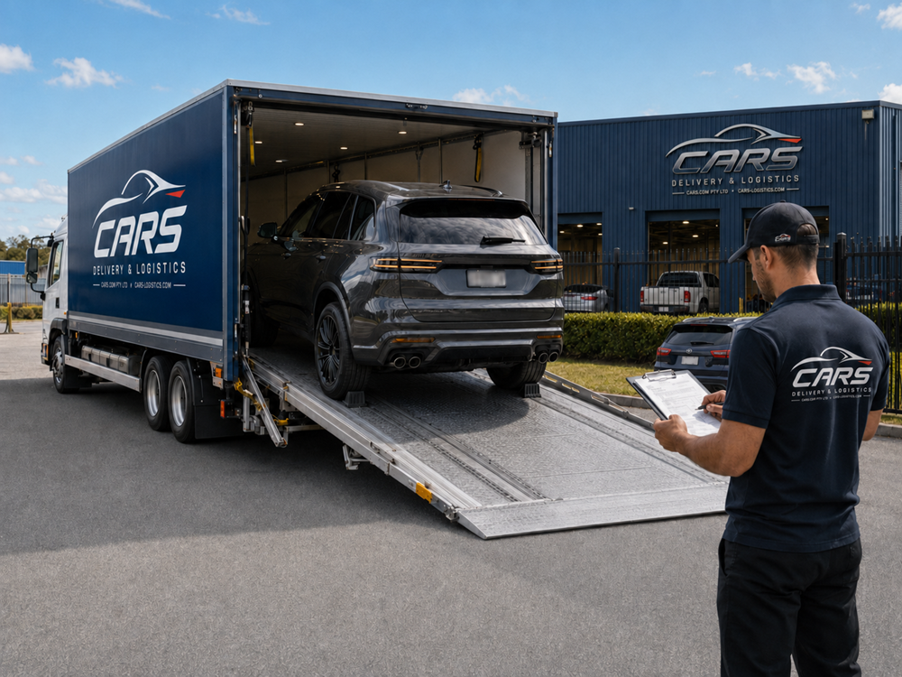 CARS.COM vehicle delivery truck unloading an SUV